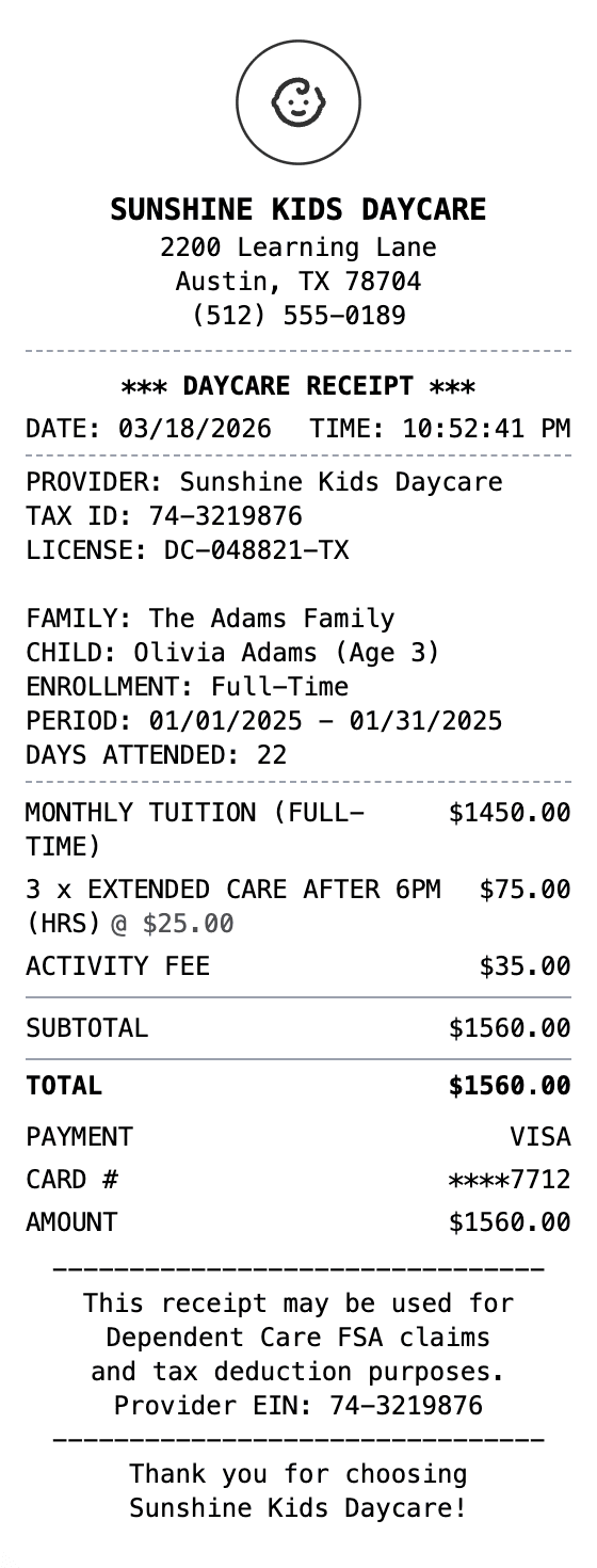 Daycare Receipt receipt example showing daycare format with itemized list, totals, and payment details