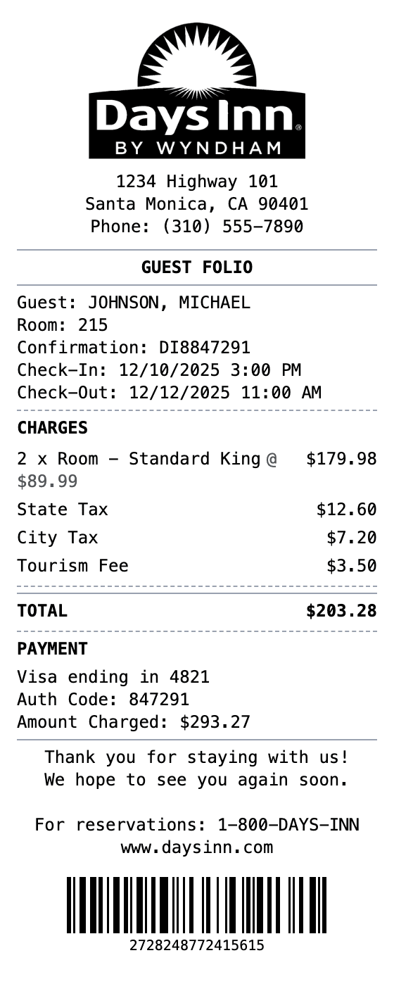 Days Inn Receipt receipt example showing daysinn format with itemized list, totals, and payment details