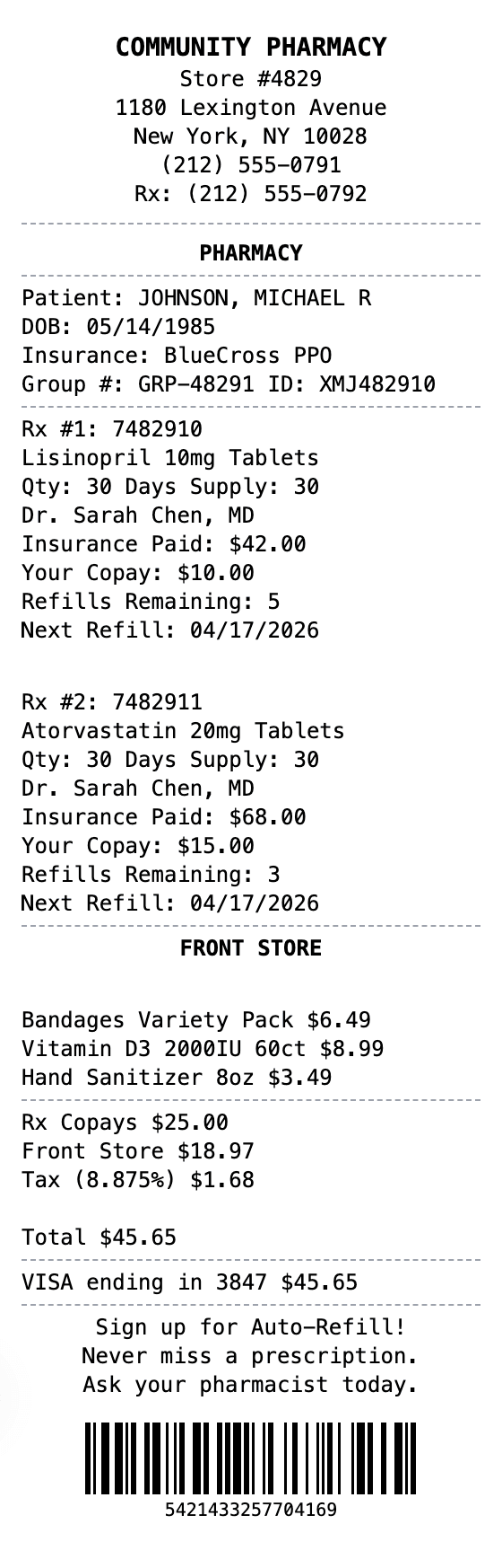 Detailed Pharmacy Receipt receipt example showing pharmacy-detailed format with itemized list, totals, and payment details