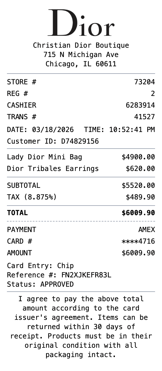 Dior Receipt receipt example showing dior format with itemized list, totals, and payment details