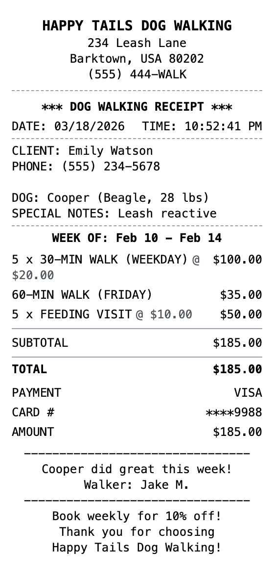 Dog Walking Receipt receipt example showing dog-walking format with itemized list, totals, and payment details
