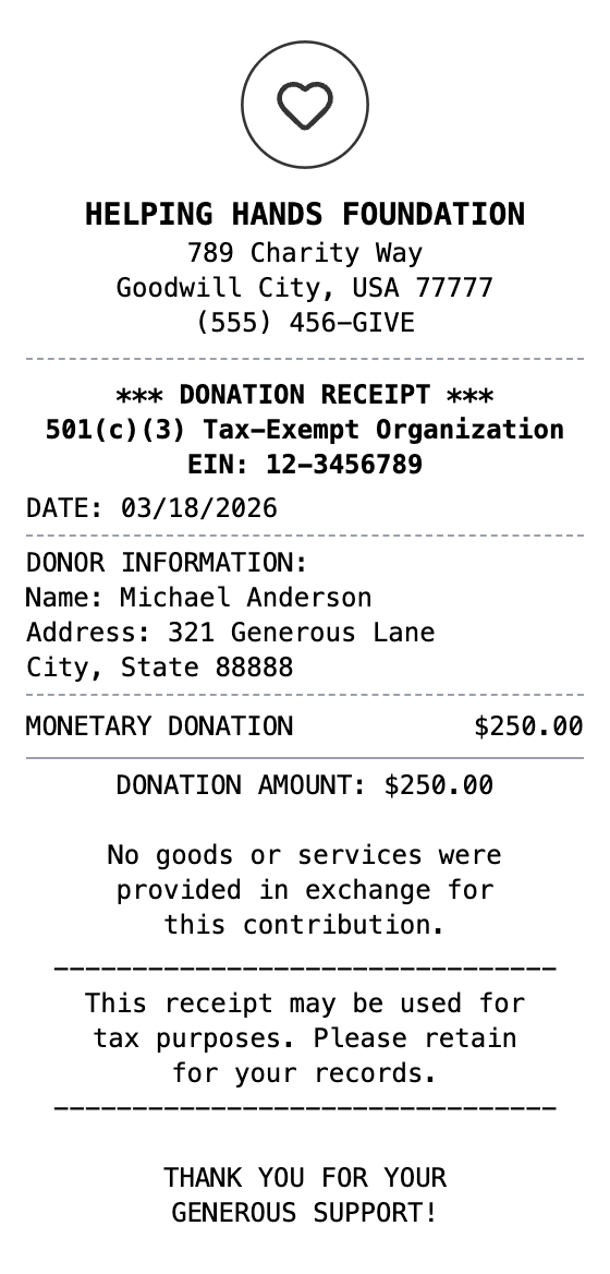 Donation Receipt receipt example showing donation format with itemized list, totals, and payment details
