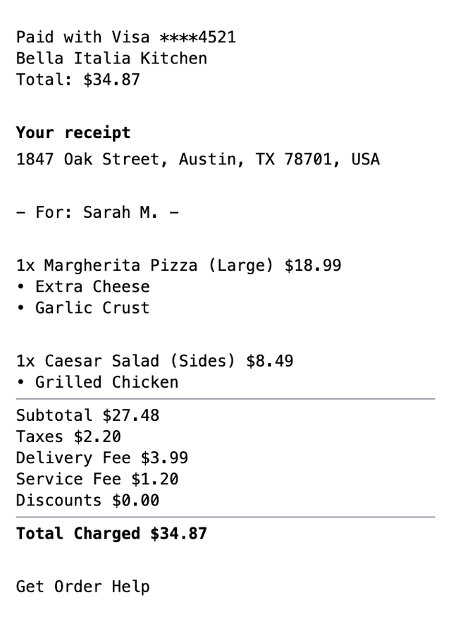 DoorDash Receipt receipt example showing doordash format with itemized list, totals, and payment details
