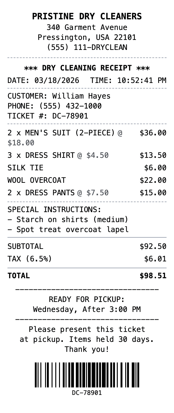 Dry Cleaning Receipt receipt example showing dry-cleaning format with itemized list, totals, and payment details