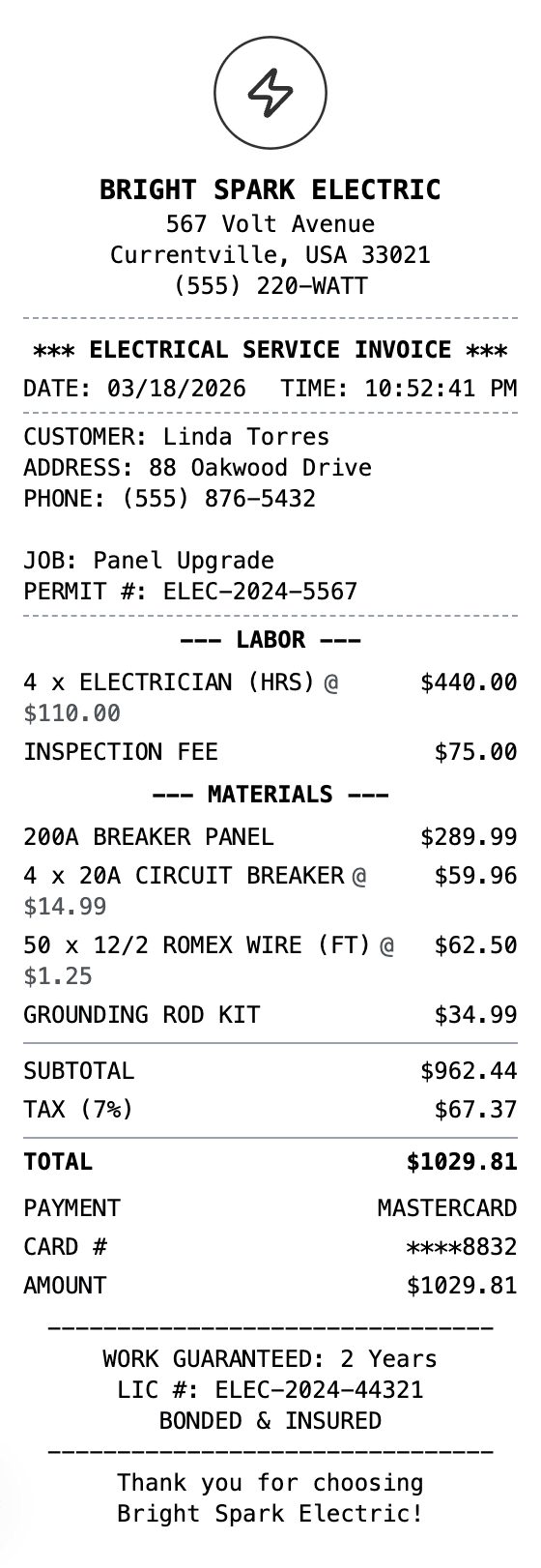 Electrician Receipt receipt example showing electrician format with itemized list, totals, and payment details