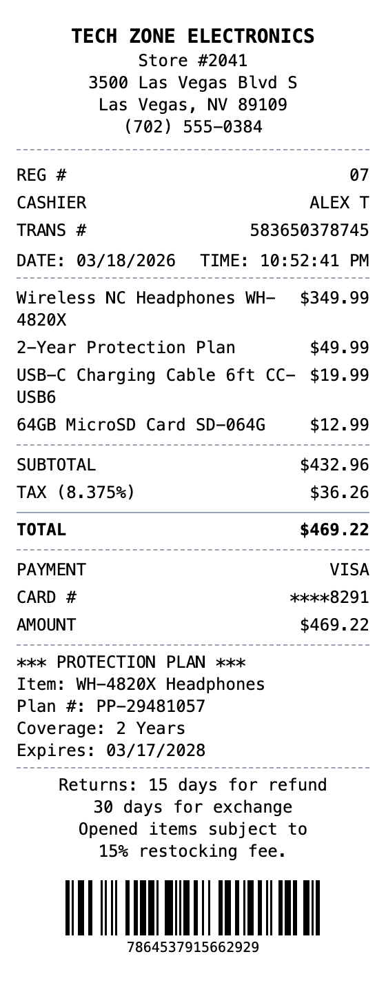 Electronics Store Receipt receipt example showing electronics format with itemized list, totals, and payment details