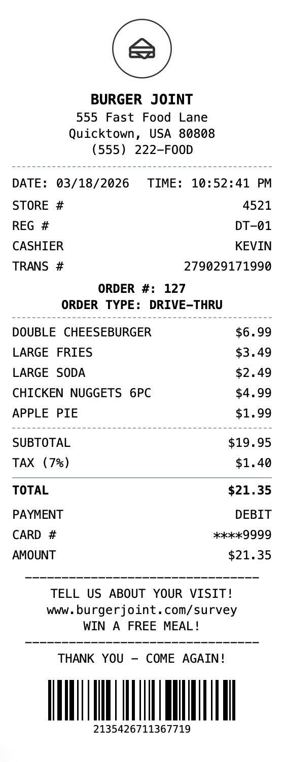 Fast Food Receipt receipt example showing fast-food format with itemized list, totals, and payment details