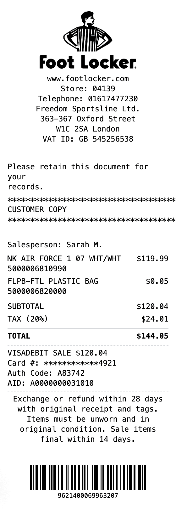 Foot Locker Receipt receipt example showing foot-locker format with itemized list, totals, and payment details