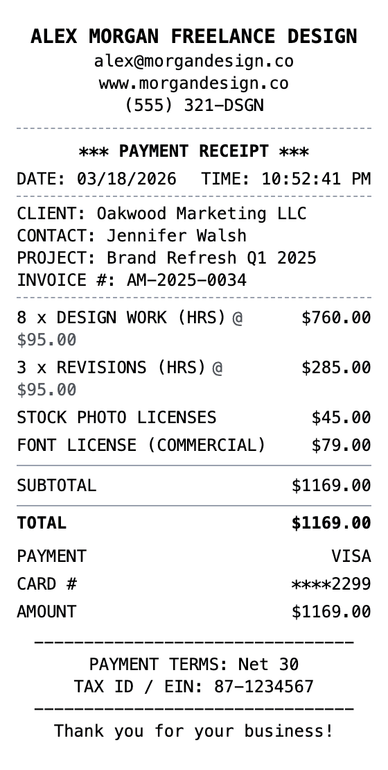 Freelancer Receipt receipt example showing freelancer format with itemized list, totals, and payment details