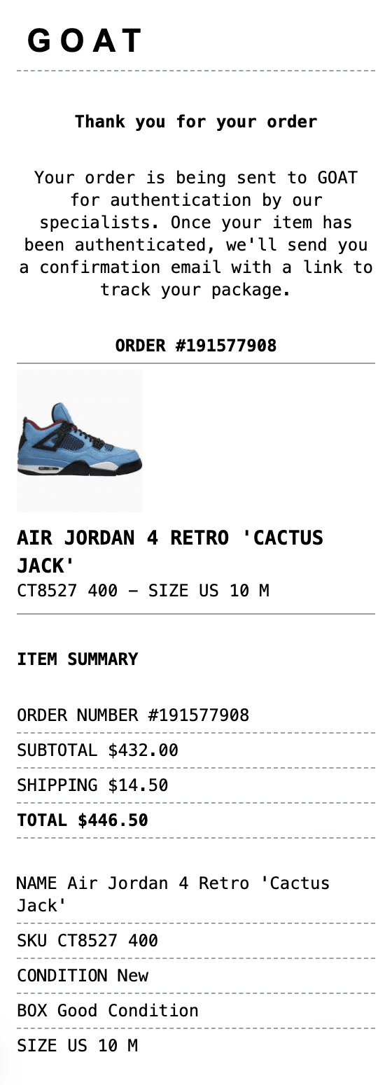 GOAT Receipt receipt example showing goat format with itemized list, totals, and payment details