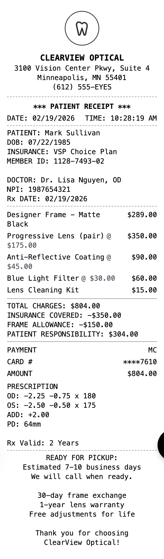 Glasses Receipt receipt example showing optician format with itemized list, totals, and payment details