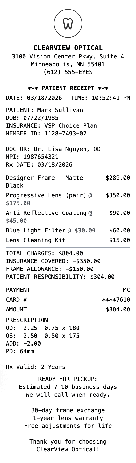 Glasses Receipt receipt example showing optician format with itemized list, totals, and payment details