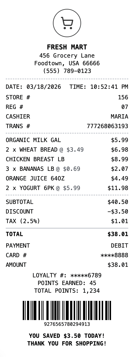 Grocery Receipt receipt example showing grocery format with itemized list, totals, and payment details