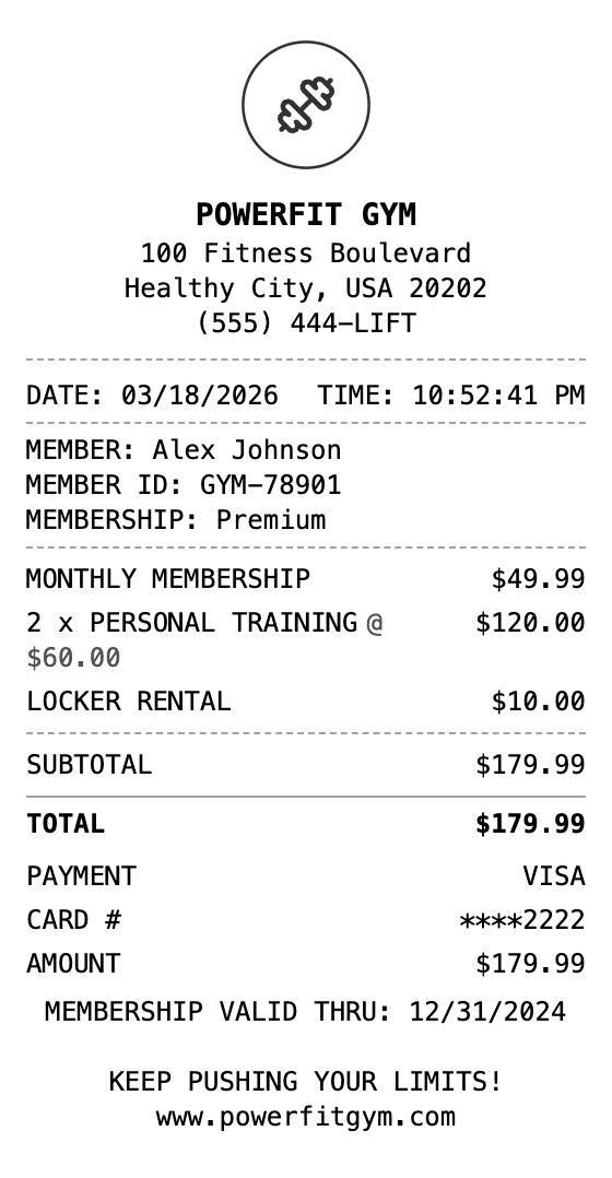 Gym Receipt receipt example showing gym format with itemized list, totals, and payment details