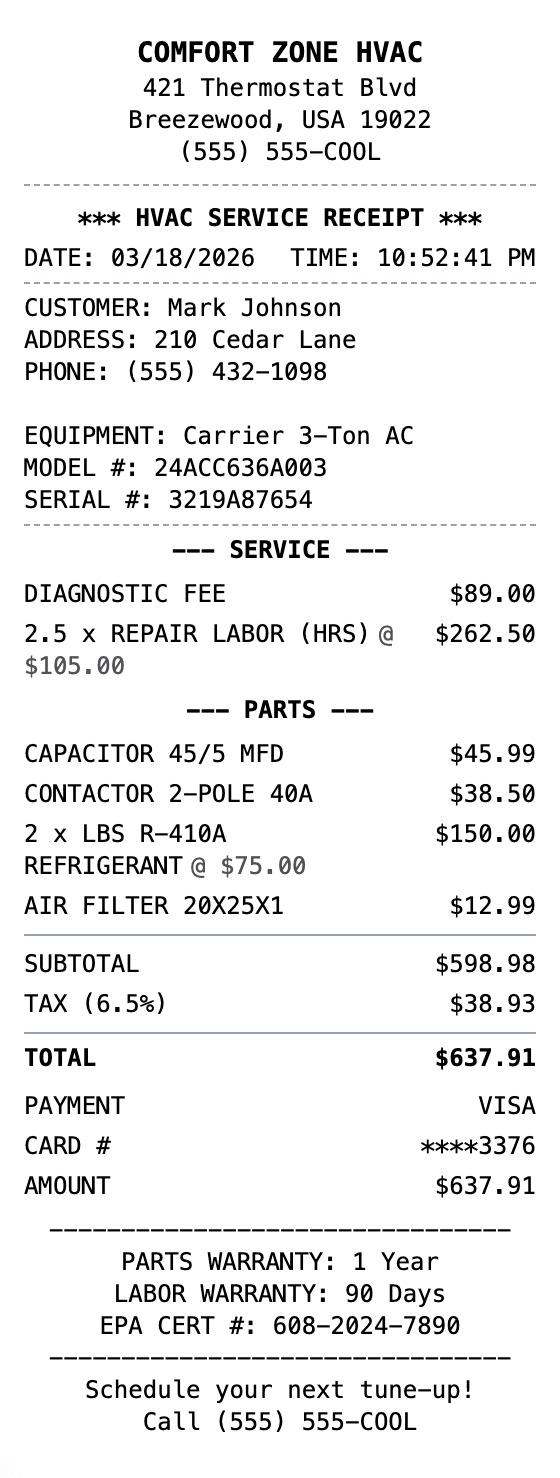 HVAC Receipt receipt example showing hvac format with itemized list, totals, and payment details