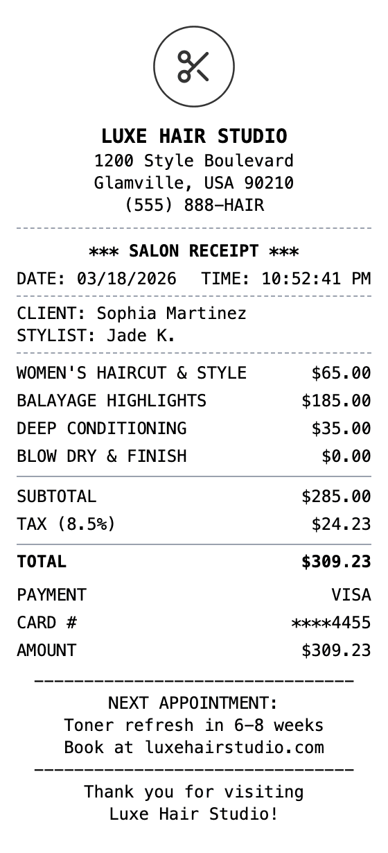 Hair Salon Receipt receipt example showing hair-salon format with itemized list, totals, and payment details