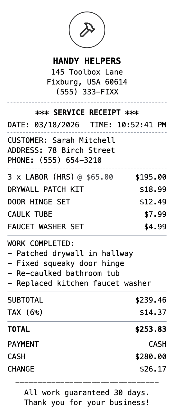 Handyman Receipt receipt example showing handyman format with itemized list, totals, and payment details
