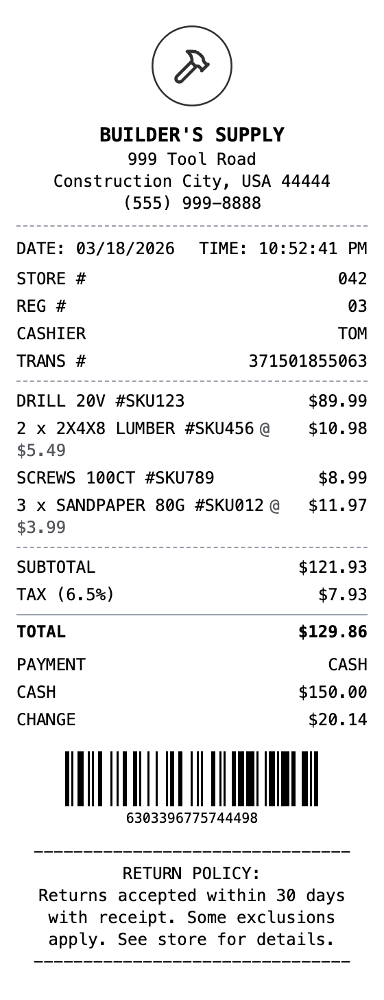 Hardware Store Receipt receipt example showing hardware format with itemized list, totals, and payment details