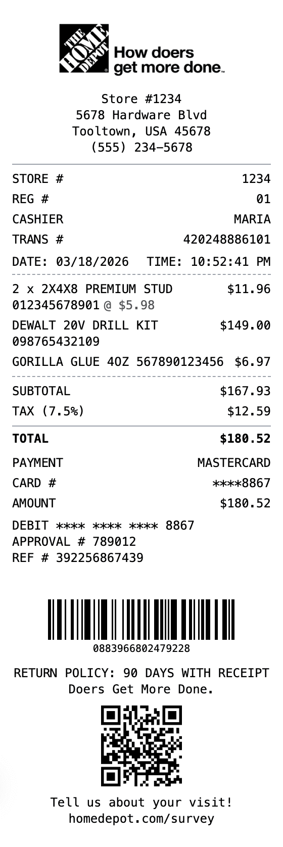 Home Depot Receipt receipt example showing home-depot format with itemized list, totals, and payment details