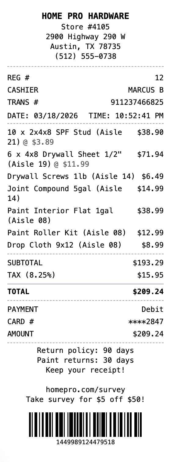 Home Improvement Receipt receipt example showing home-improvement format with itemized list, totals, and payment details