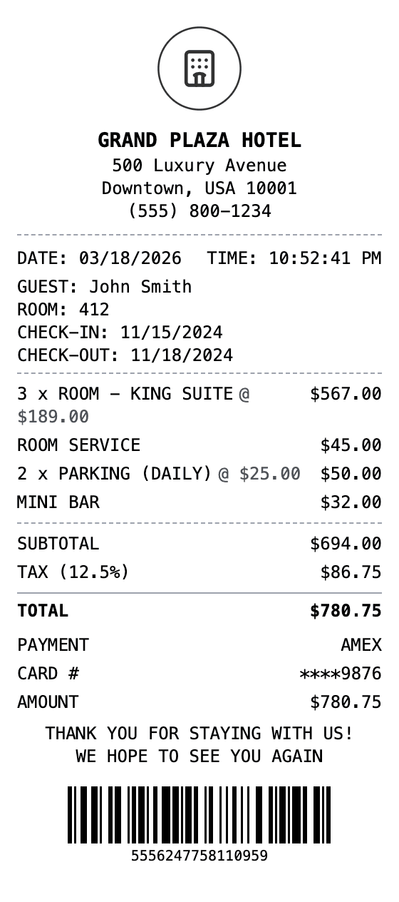 Hotel Receipt receipt example showing hotel format with itemized list, totals, and payment details