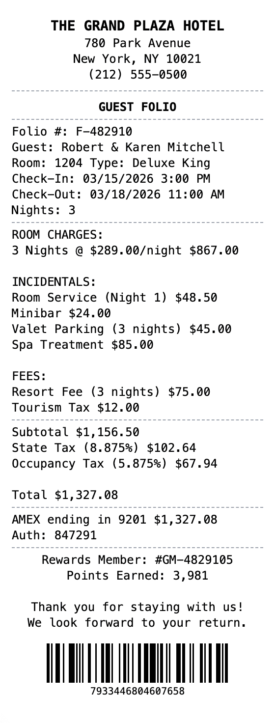 Hotel Stay Receipt receipt example showing hotel-stay format with itemized list, totals, and payment details