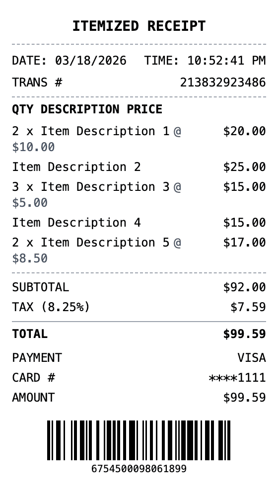 Itemized Receipt receipt example showing itemized format with itemized list, totals, and payment details