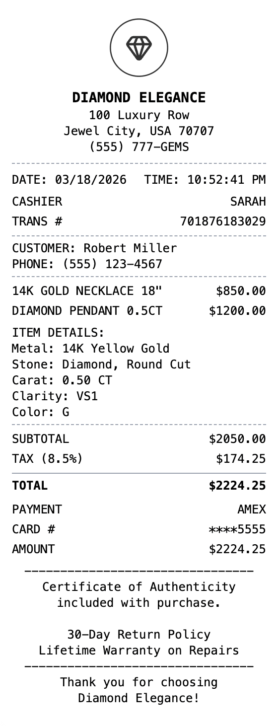 Jewelry Receipt receipt example showing jewelry format with itemized list, totals, and payment details