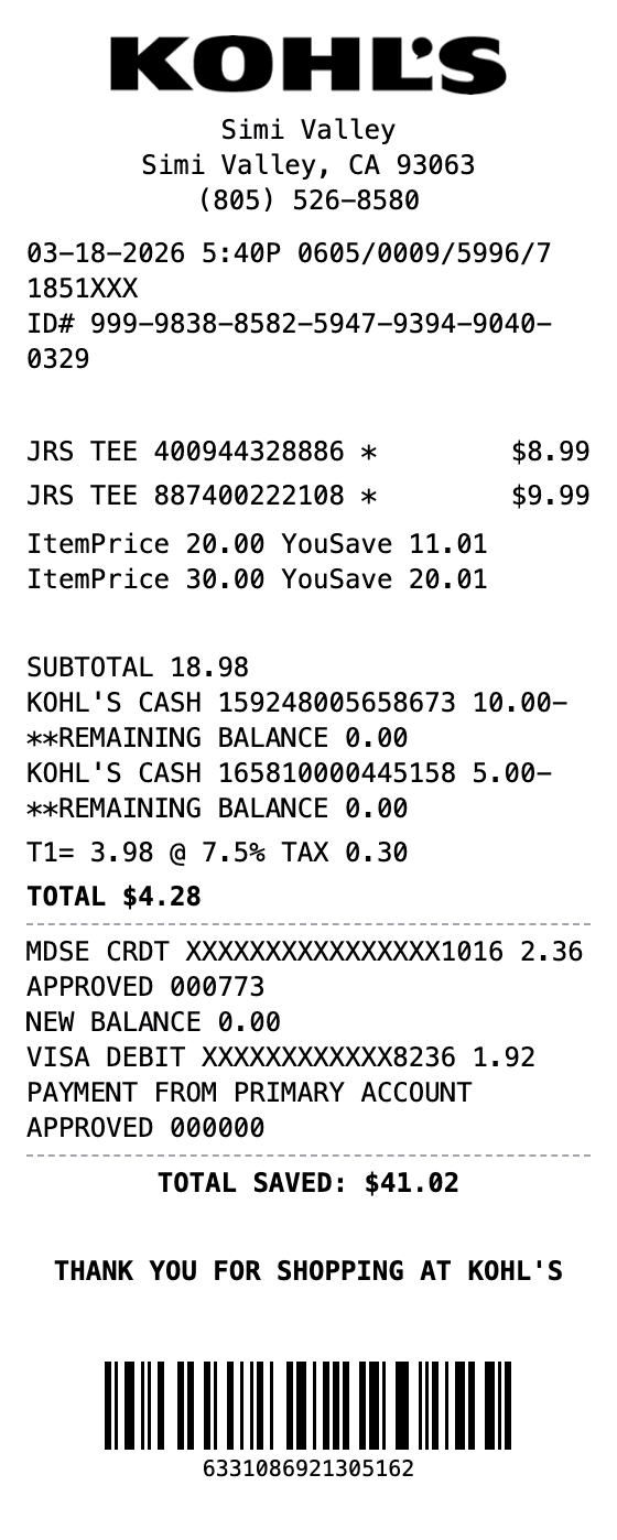 Kohl's Receipt receipt example showing big-box format with itemized list, totals, and payment details