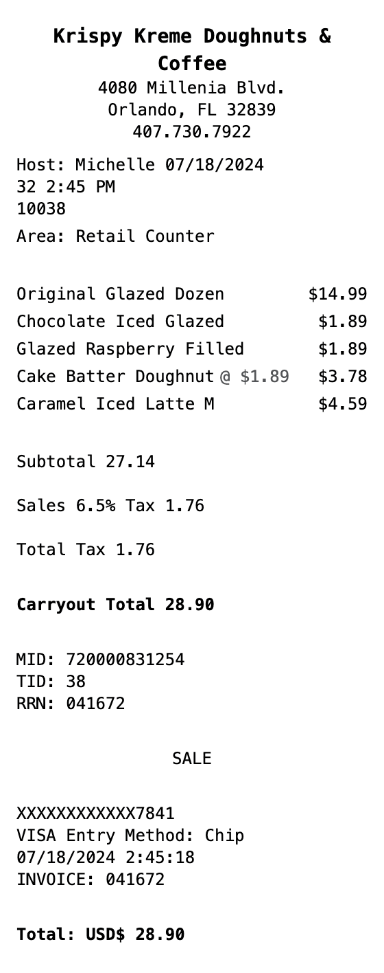 Krispy Kreme Receipt receipt example showing krispy-kreme format with itemized list, totals, and payment details