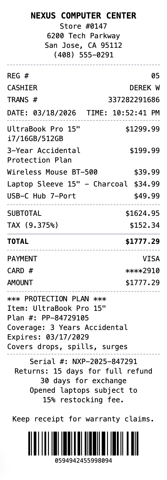 Laptop Receipt receipt example showing laptop format with itemized list, totals, and payment details
