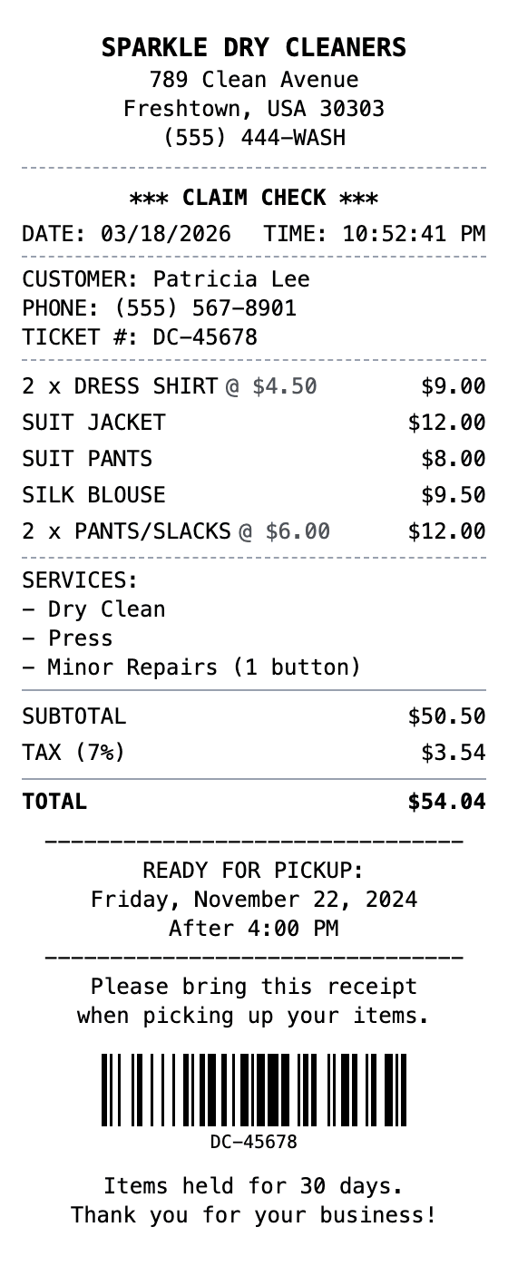 Laundry Receipt receipt example showing laundry format with itemized list, totals, and payment details