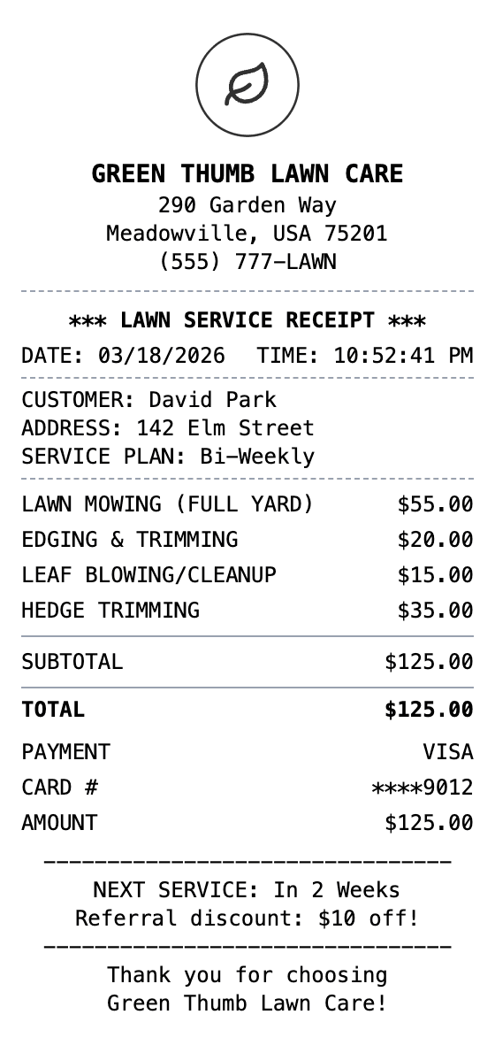 Lawn Care Receipt receipt example showing lawn-care format with itemized list, totals, and payment details