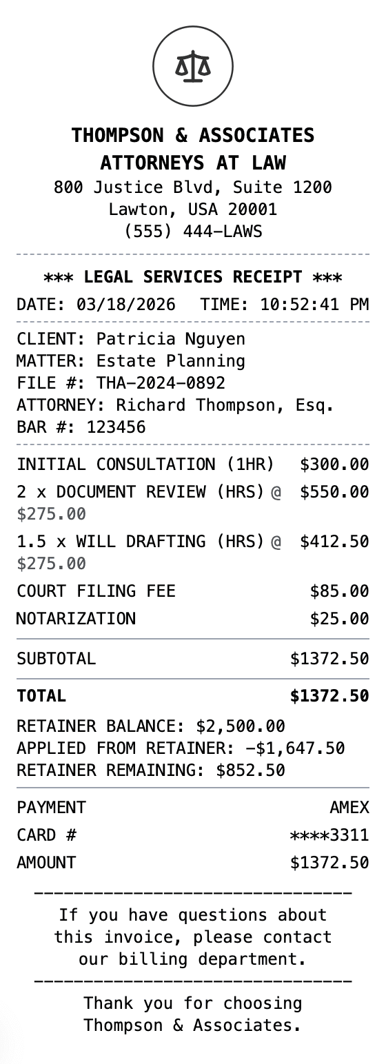 Lawyer Receipt receipt example showing lawyer format with itemized list, totals, and payment details