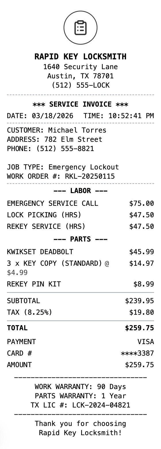 Locksmith Receipt receipt example showing locksmith format with itemized list, totals, and payment details