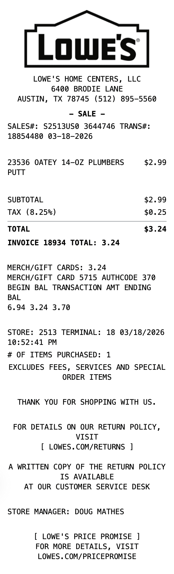 Lowes Receipt receipt example showing big-box format with itemized list, totals, and payment details