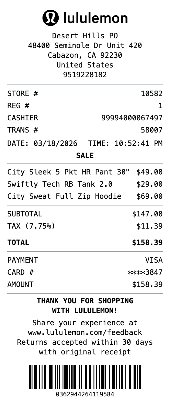 Lululemon Receipt receipt example showing lululemon format with itemized list, totals, and payment details