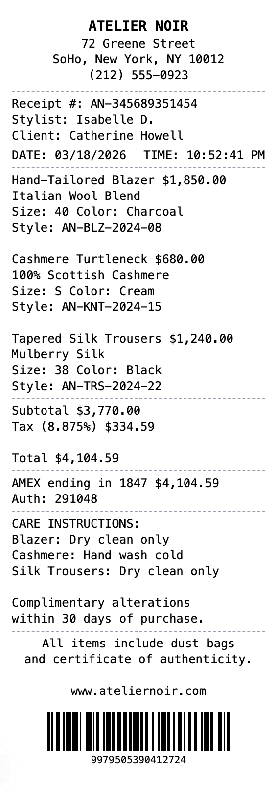 Luxury Boutique Receipt receipt example showing luxury-boutique format with itemized list, totals, and payment details