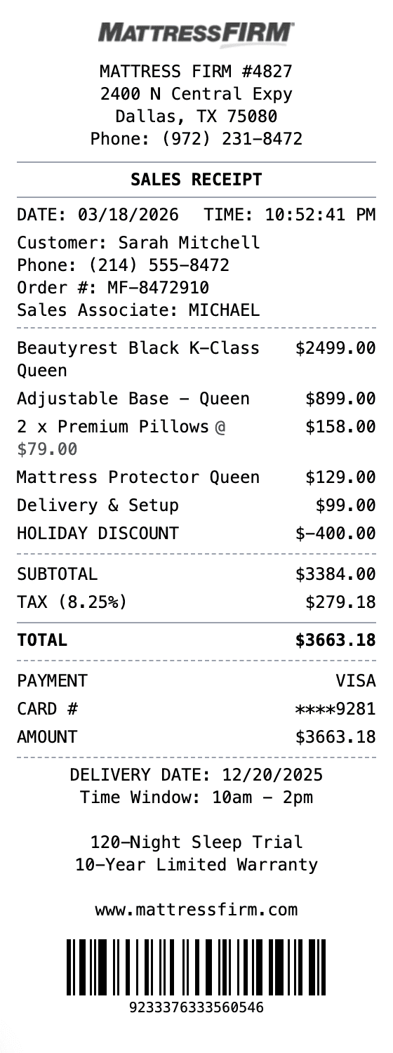 Mattress Firm Receipt receipt example showing mattressfirm format with itemized list, totals, and payment details