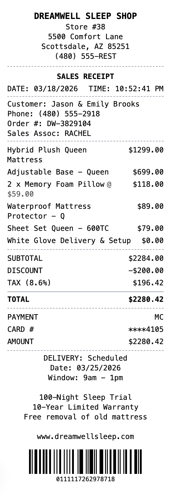 Mattress Receipt receipt example showing mattress format with itemized list, totals, and payment details