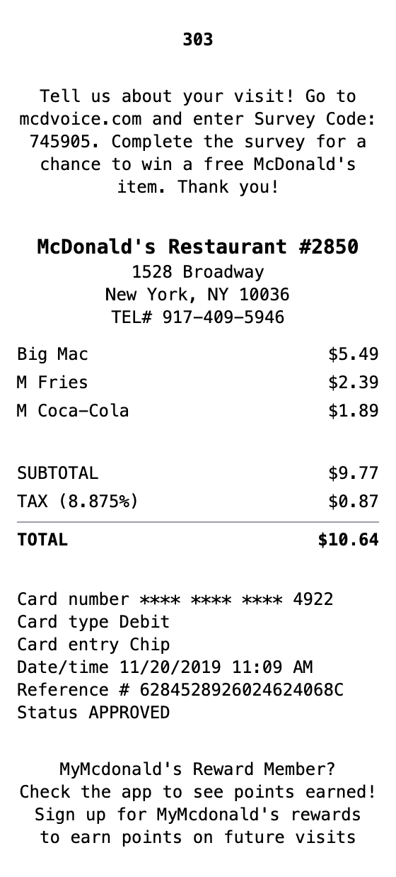 McDonald's Receipt receipt example showing mcdonalds format with itemized list, totals, and payment details