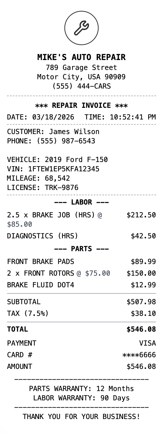 Mechanic Receipt receipt example showing mechanic format with itemized list, totals, and payment details