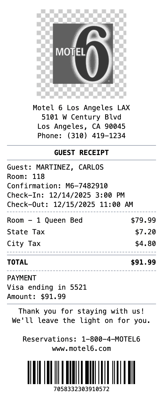 Motel 6 Receipt receipt example showing motel6 format with itemized list, totals, and payment details