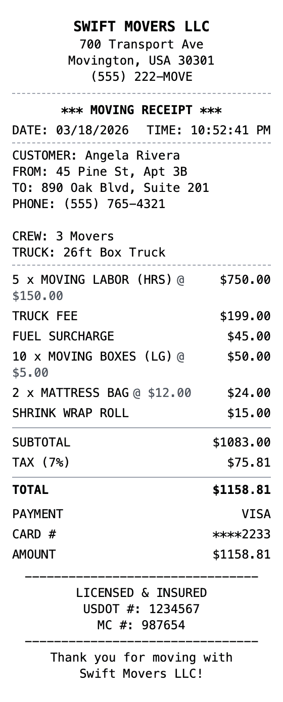 Moving Service Receipt receipt example showing moving format with itemized list, totals, and payment details
