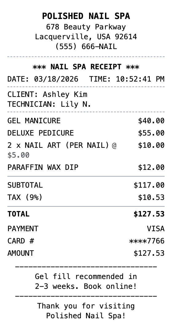 Nail Salon Receipt receipt example showing nail-salon format with itemized list, totals, and payment details