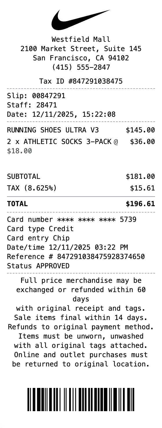 Nike Receipt receipt example showing nike format with itemized list, totals, and payment details