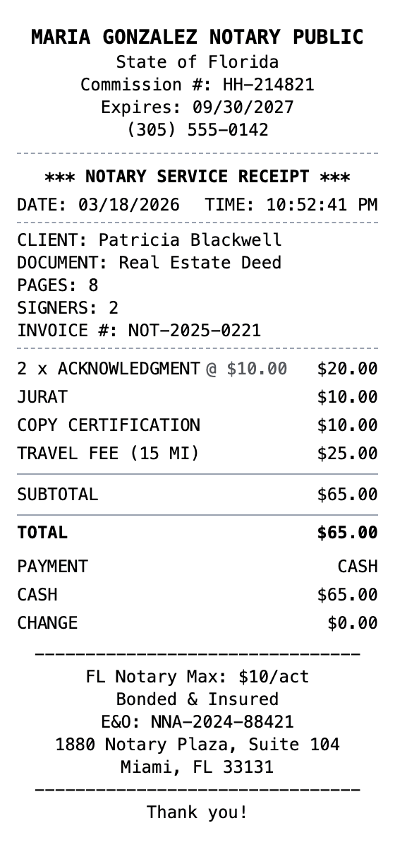 Notary Receipt receipt example showing notary format with itemized list, totals, and payment details