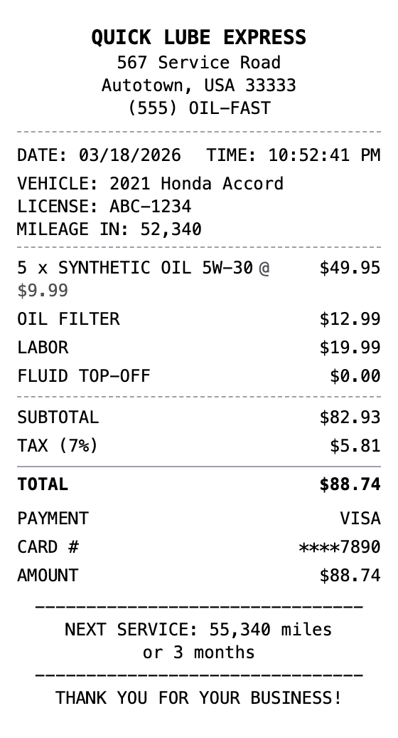 Oil Change Receipt receipt example showing oil-change format with itemized list, totals, and payment details