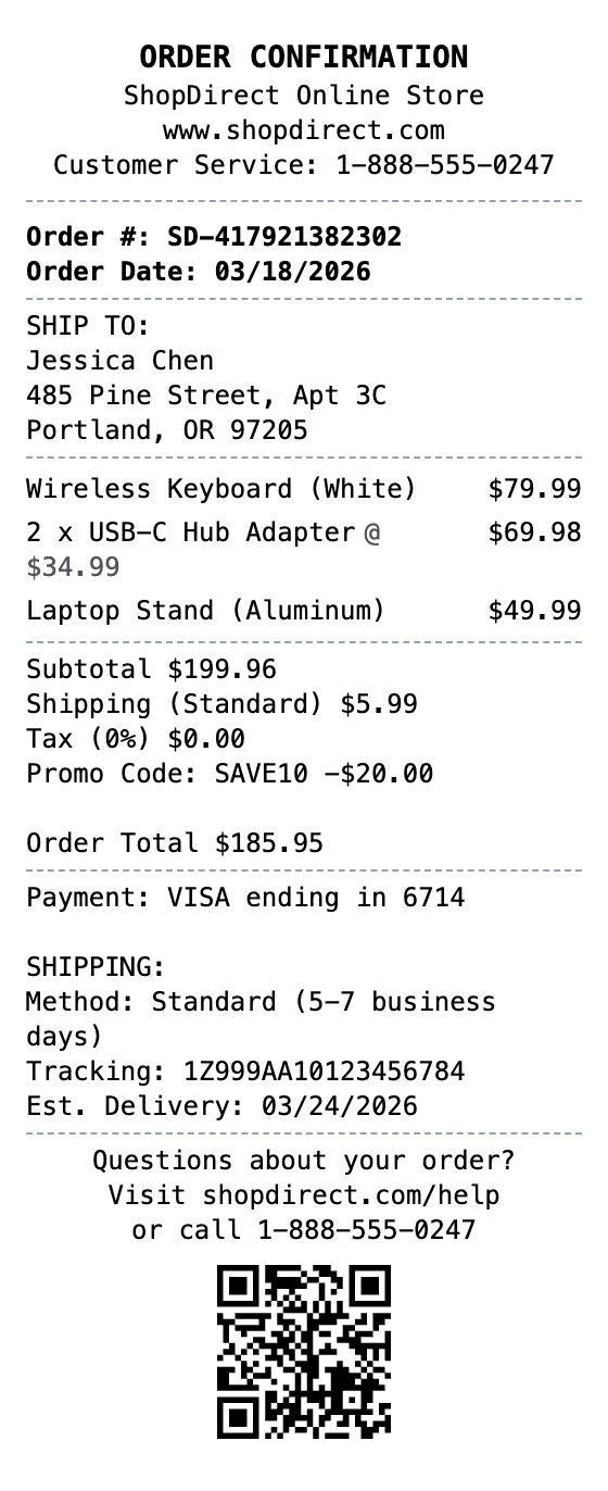 Online Order Receipt receipt example showing online-order format with itemized list, totals, and payment details