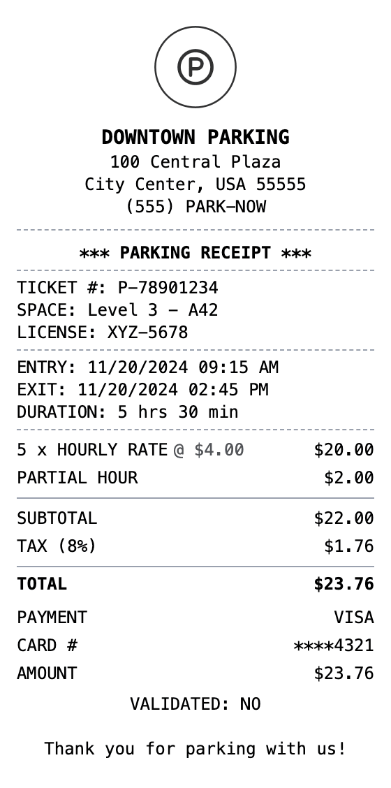 Parking Receipt receipt example showing parking format with itemized list, totals, and payment details